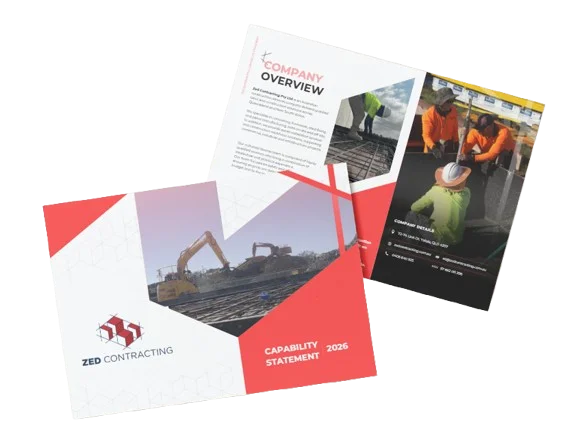 Two pages of a construction company brochure, featuring images of construction work, workers in safety gear, and text sections, with the title "ZED Contracting Capability Statement 2026" visible on the cover.