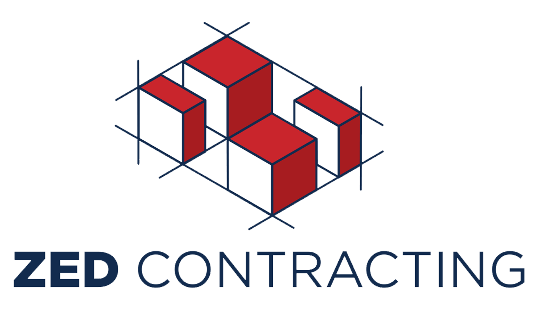 Logo for ZED CONTRACTING featuring red and white geometric cubes outlined in blue, forming an abstract structure above the company name, with "ZED" in bold dark blue letters.