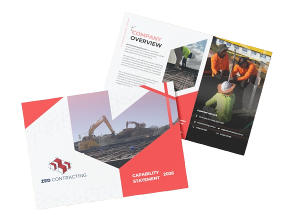 Two company brochures are shown. One cover features excavators at a construction site with the text "ZED Contracting Capability Statement 2026." The other brochure shows workers and a section titled "Company Overview.