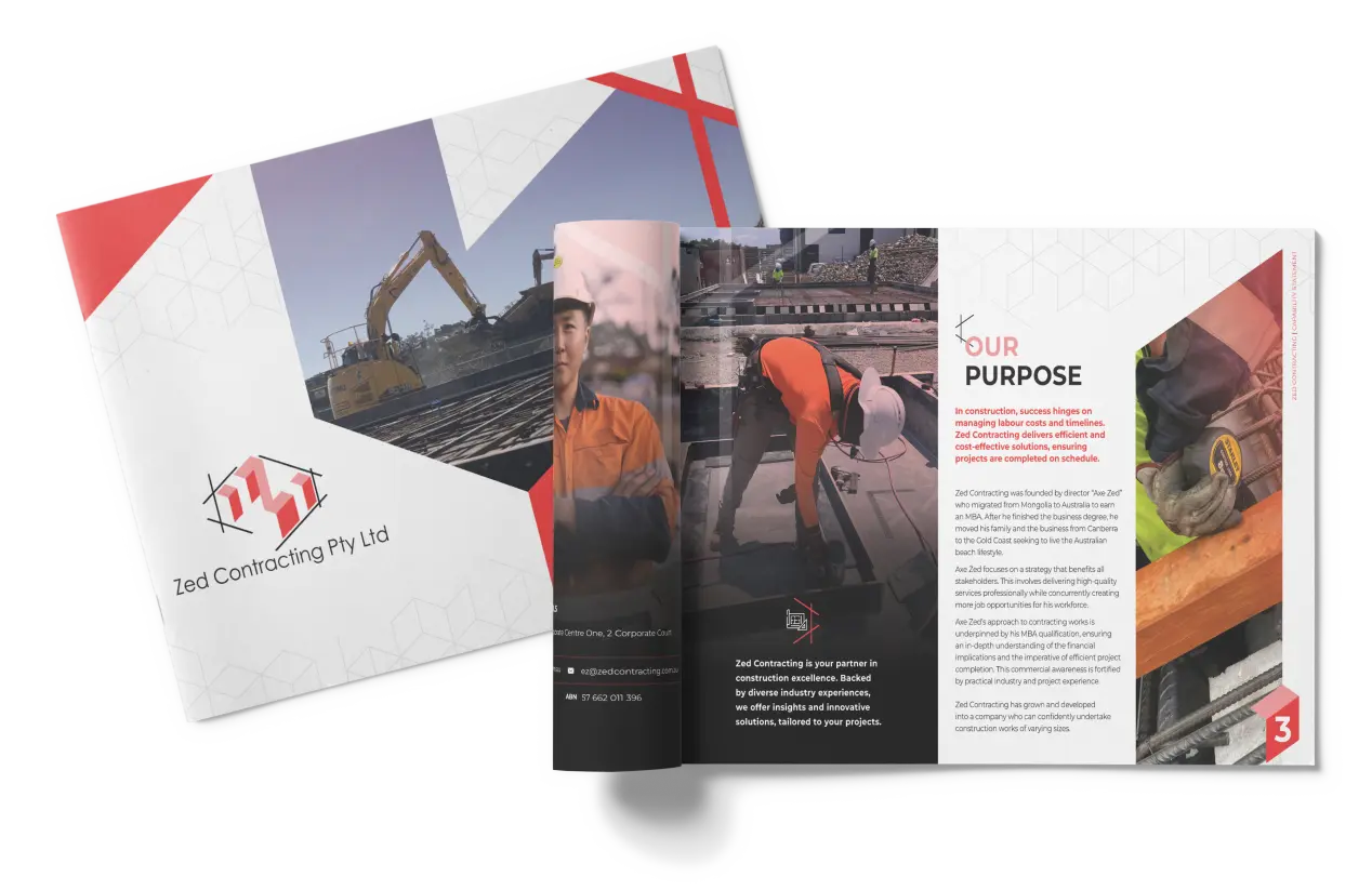 A construction company brochure displays a worker in an orange vest using a tool on-site, highlighting Zed Contracting Pty Ltd's commitment to quality. The cover features an excavator at work, illustrating their comprehensive labour hire services.