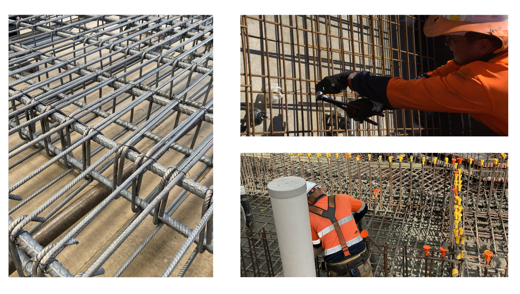 Three photos show construction workers providing steel fixing services, assembling and tying steel reinforcement bars (rebar) for a concrete structure, with close-ups of the rebar grid and workers in orange safety gear at the construction site.