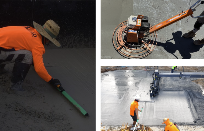 Three images show workers and machines smoothing and leveling wet concrete for customised concreting: one worker uses a tool by hand, another image shows a close-up of a power trowel, and the third shows an overhead view of a large concrete area.