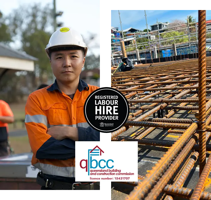 A construction worker in orange and dark blue safety gear stands with arms crossed. Next to him, steel rebar is arranged on a construction site. The Queensland Building and Construction Commission logo is visible.