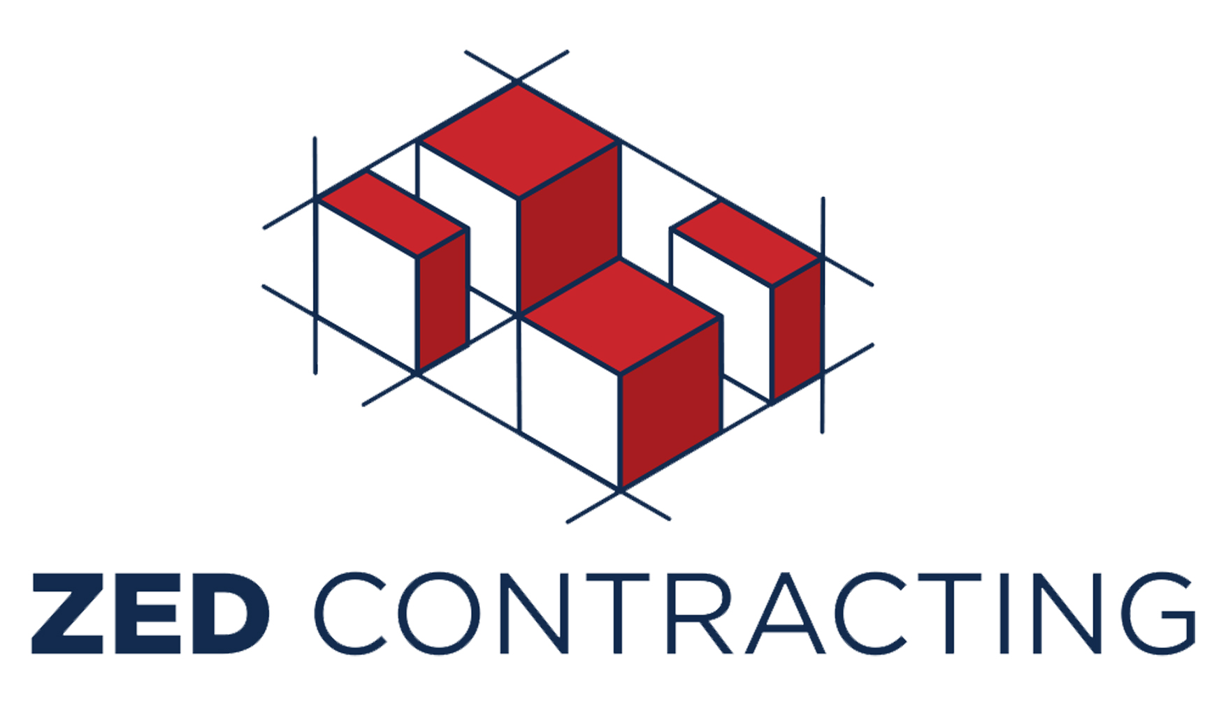 Logo for ZED Contracting featuring geometric red and white 3D blocks outlined with construction lines above the words "ZED CONTRACTING" in bold navy blue text.