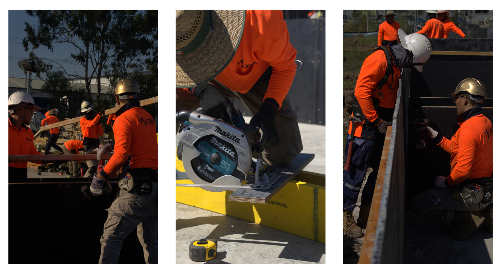 Three photos show construction workers in orange shirts and hard hats: measuring wood, using a circular saw, and working together on a metal structure outdoors under sunlight.