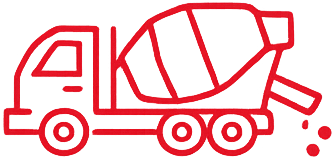 Red line art icon of a cement mixer truck, with concrete pouring out of the chute.