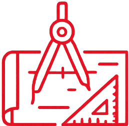 Red line art icon showing a blueprint with a compass and triangle ruler.