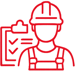 Red outline icon of a worker in a hard hat and overalls, standing next to a clipboard with a checklist.