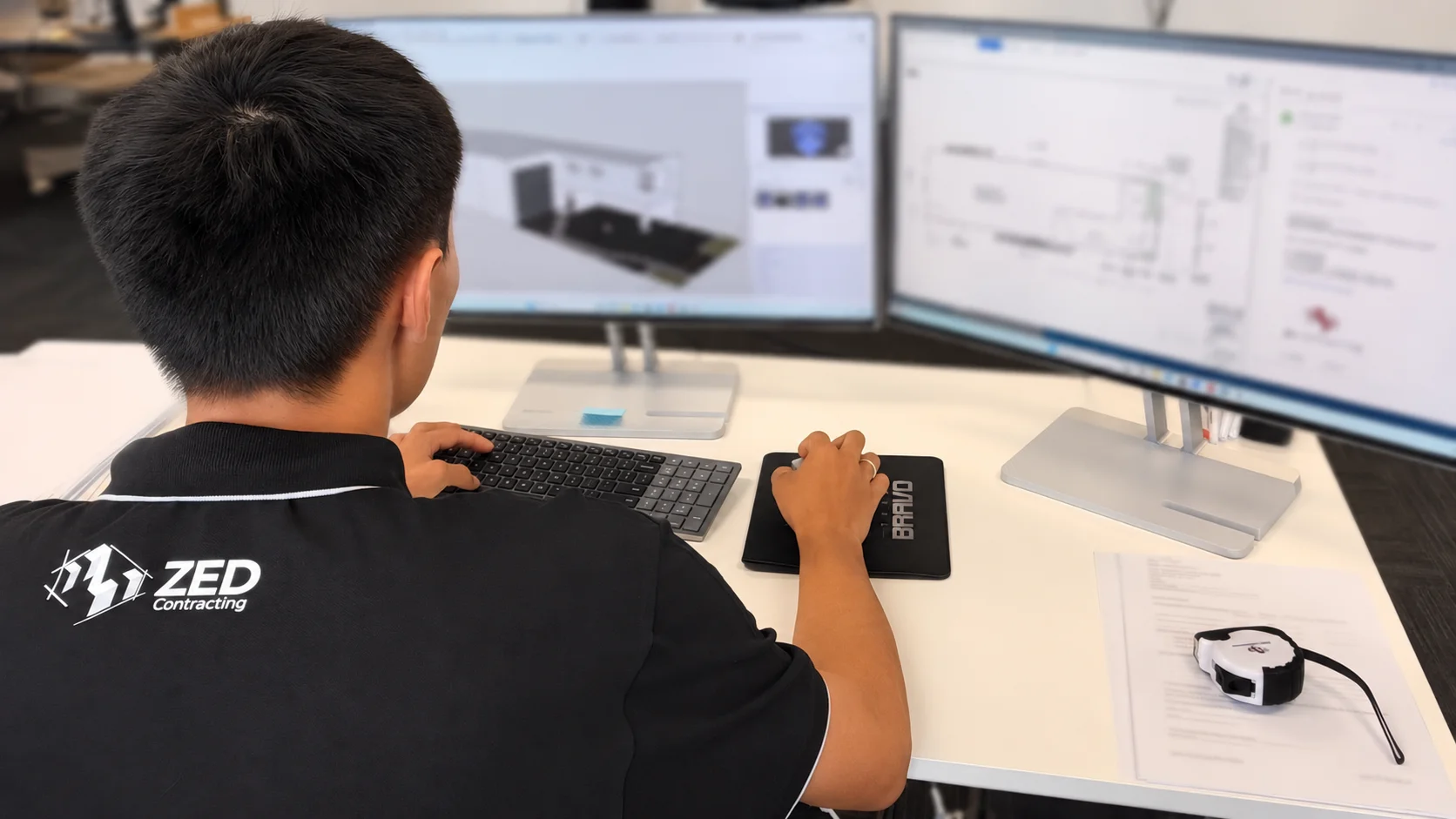 A person works at a desk with two monitors displaying technical diagrams and a 3D model. The person wears a black "ZED Contracting" shirt and uses a keyboard and mouse. Papers and a tape measure are on the desk.