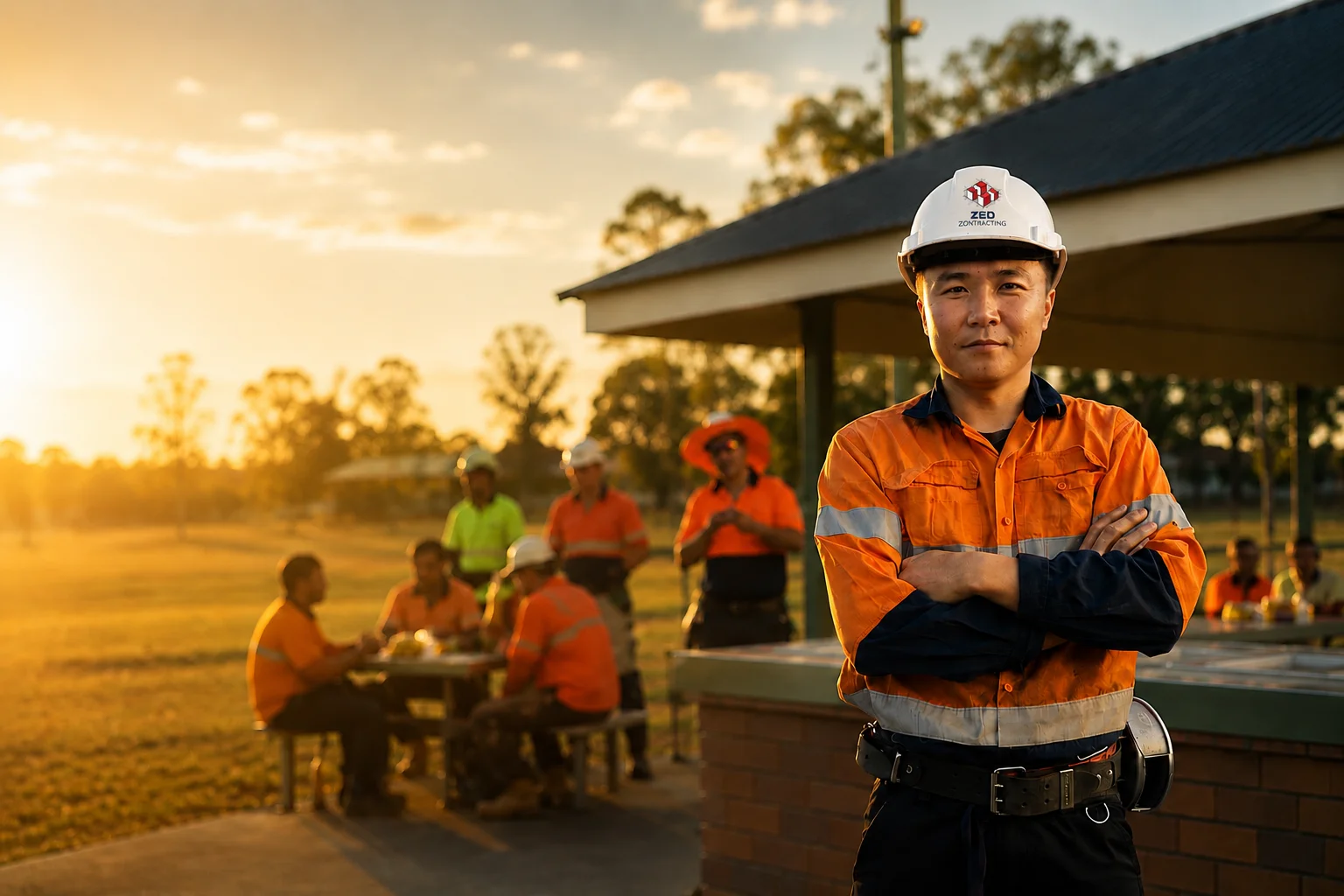 A male construction worker in an orange safety uniform and helmet stands with arms crossed, while a group of workers sit and talk at a picnic table in the background during sunset.